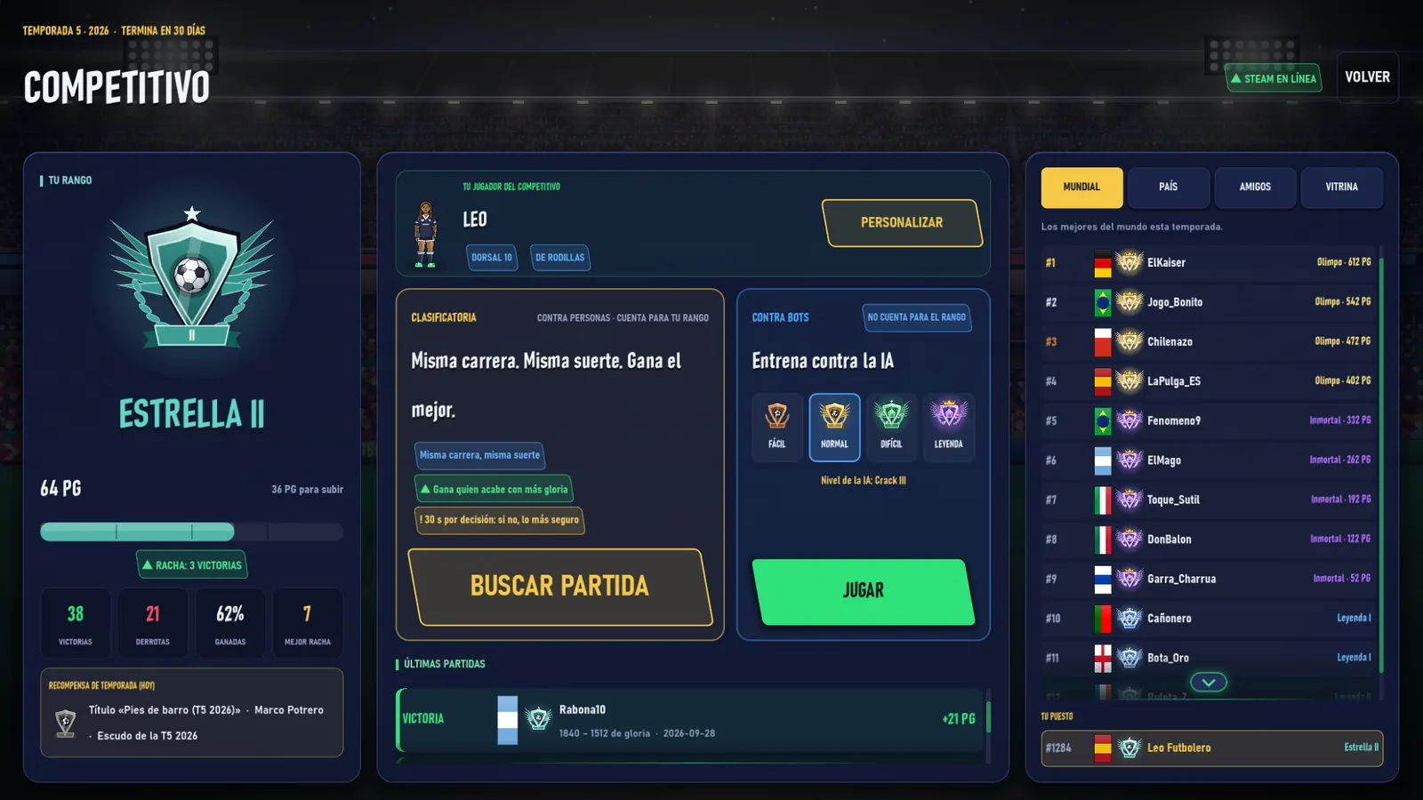 Pantalla del competitivo con tu rango y la clasificación mundial