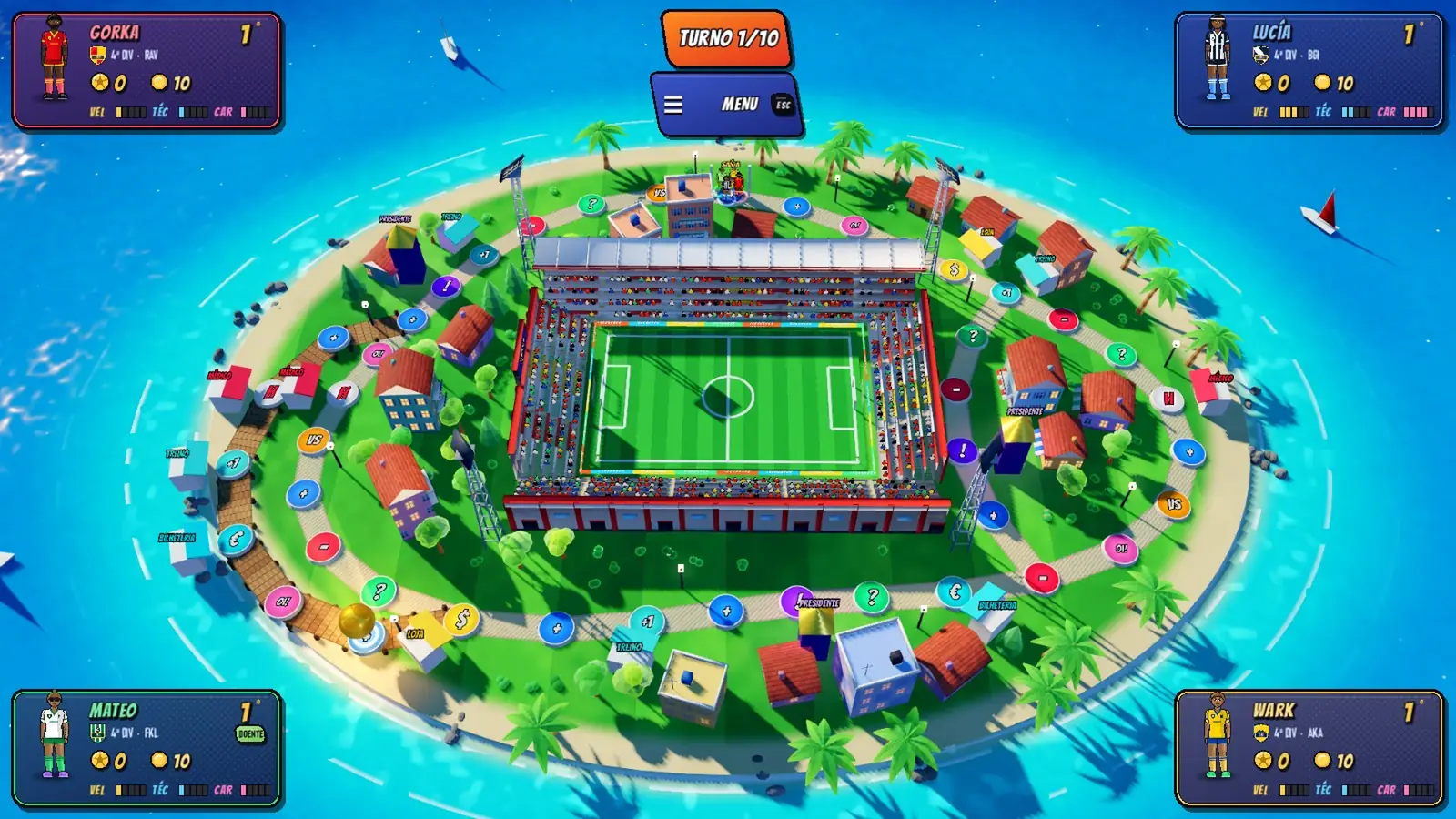 Tabuleiro do modo Festa: uma ilha com o estádio no centro