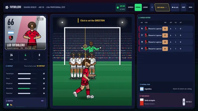 Free kick minigame: pick direction and power over the wall