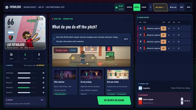 Free time screen with plans like a night out or visiting family