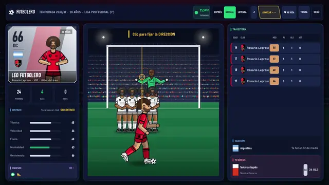 Minijuego de tiro libre: eliges dirección y potencia ante la barrera