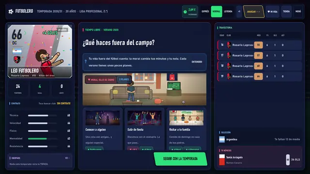 Pantalla de tiempo libre con planes como salir de fiesta o visitar a la familia