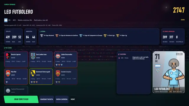 Resumen final de una carrera con clubes, títulos y la opción de jugar como tu hijo